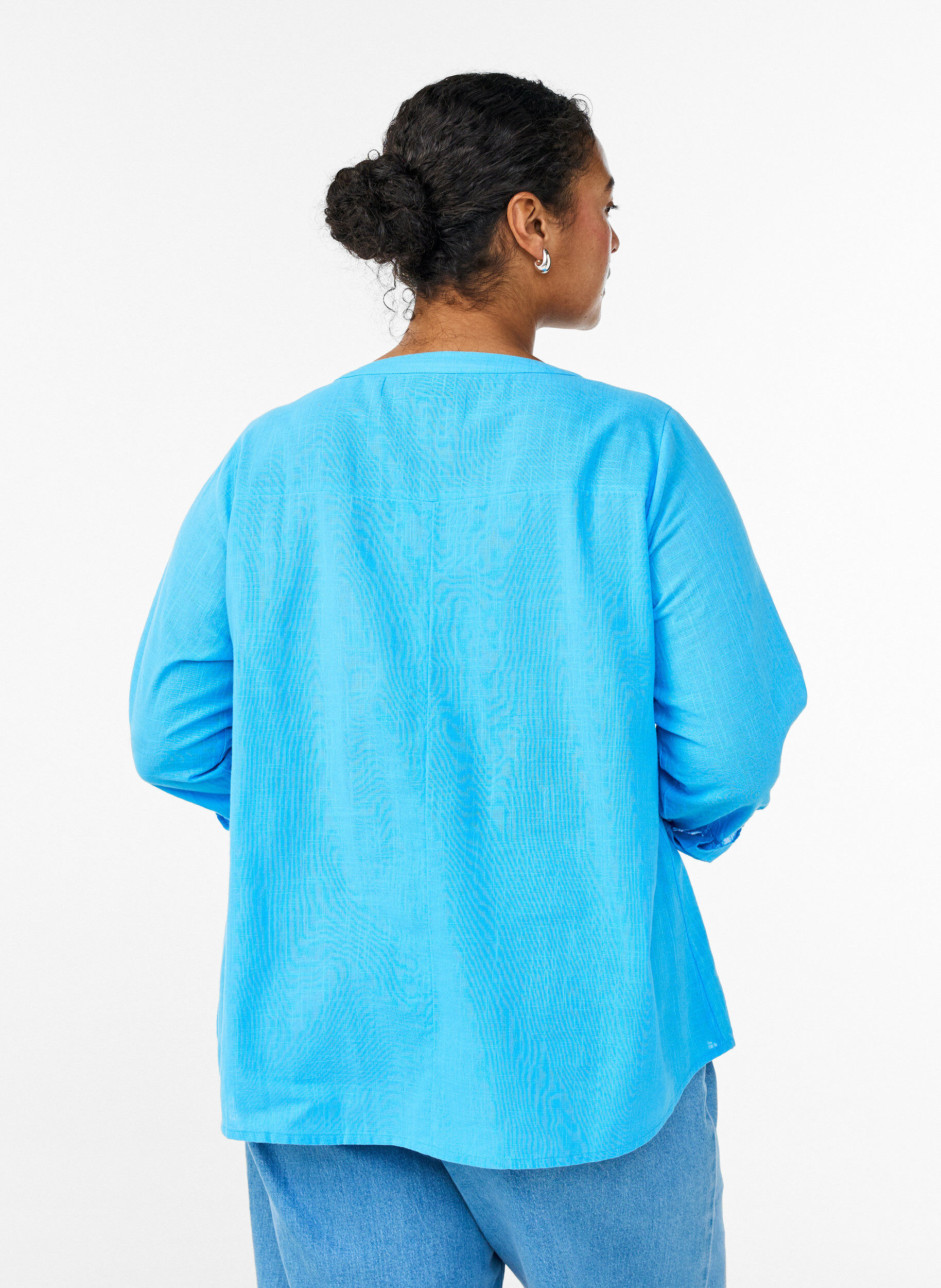 ZizziSkjortebluse i bomuld med V-udsk&aelig;ring, Bl&aring;, Model image number 2