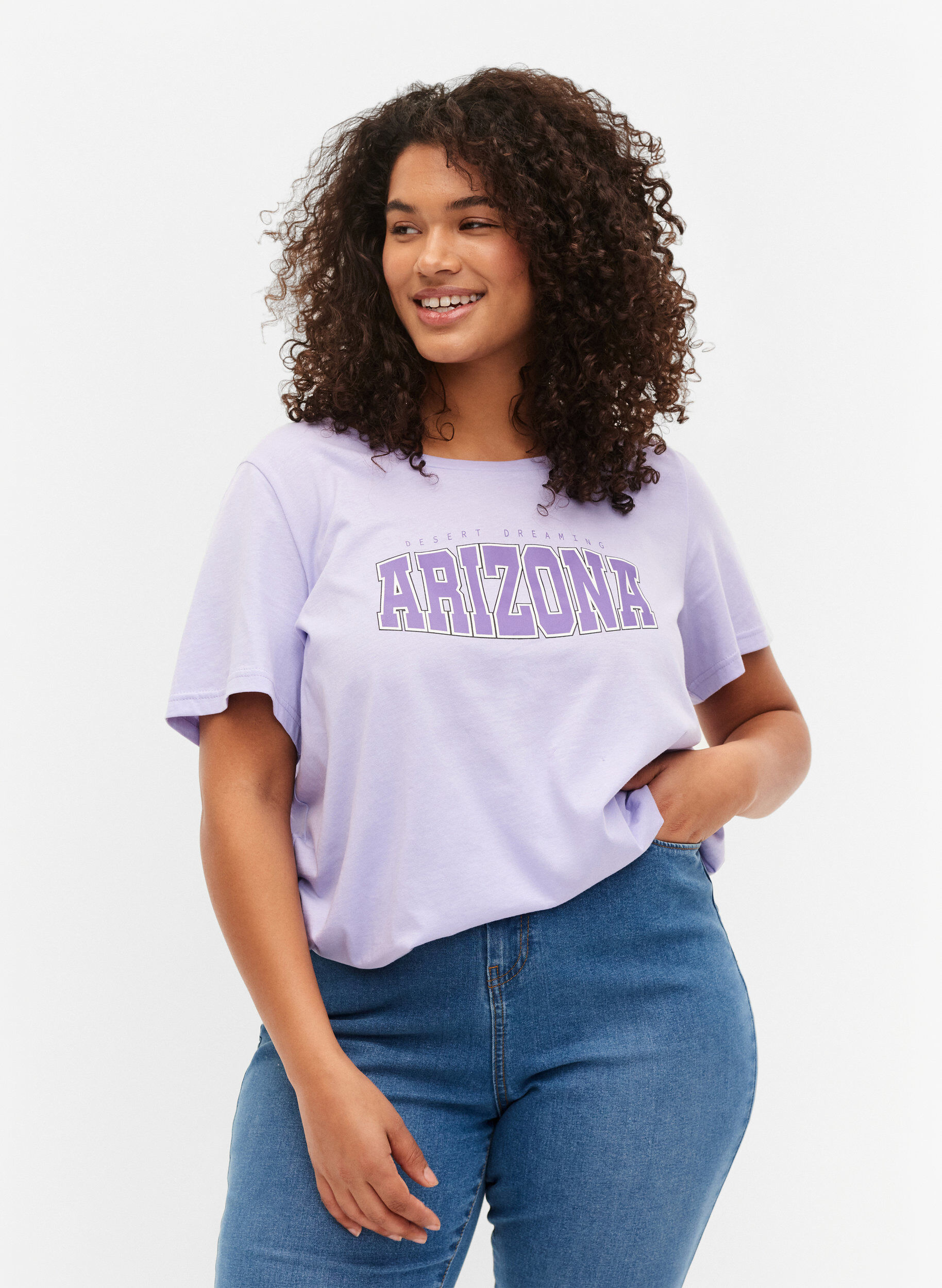 Zizzi Bomulds t-shirt med printdetalje, Lavender ARIZONA, Model image number 0