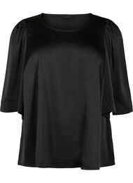 Satinbluse med halvlange ærmer, Black