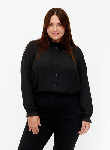 Skjortebluse med flæsedetaljer, Black, Model image number 0
