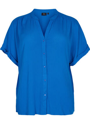 Kortærmet viskose skjorte med v-udskæring, Classic Blue, Packshot image number 0