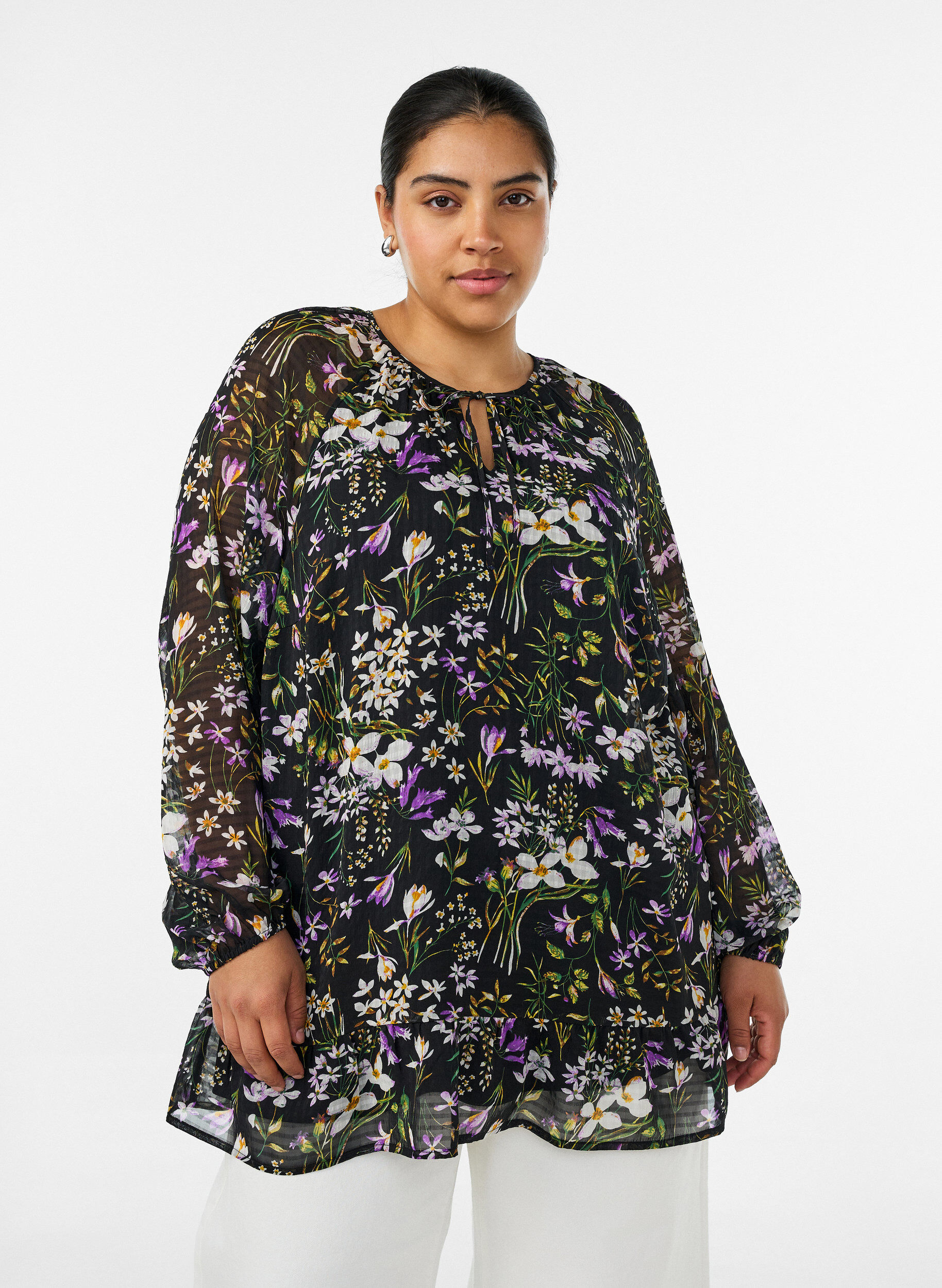 ZizziTunika med blomsterprint og A-form, Sort, Model image number 0