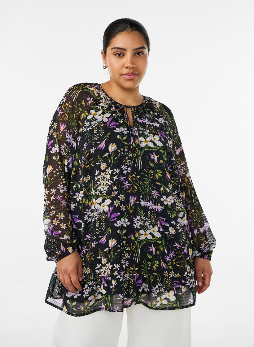 Tunika med blomsterprint og A-form, Sort, Model image number 0