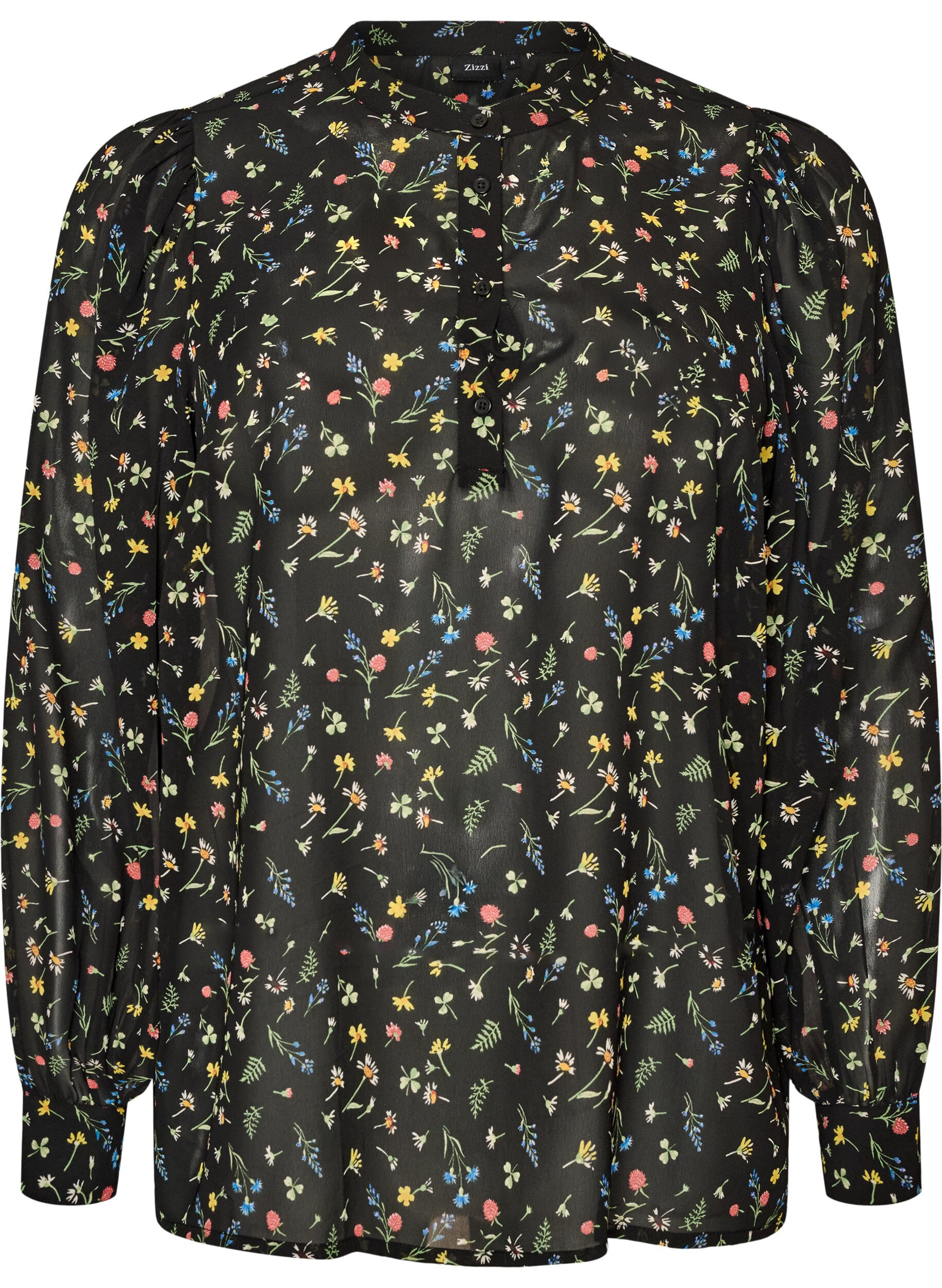 ZizziBluse med all-over print og kort knapstolpe, Sort, Packshot image number 0