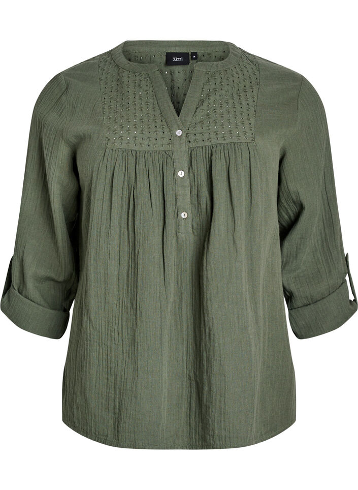 Bluse i bomuldsmusselin med broderi anglaise, Gr&oslash;n, Packshot image number 0