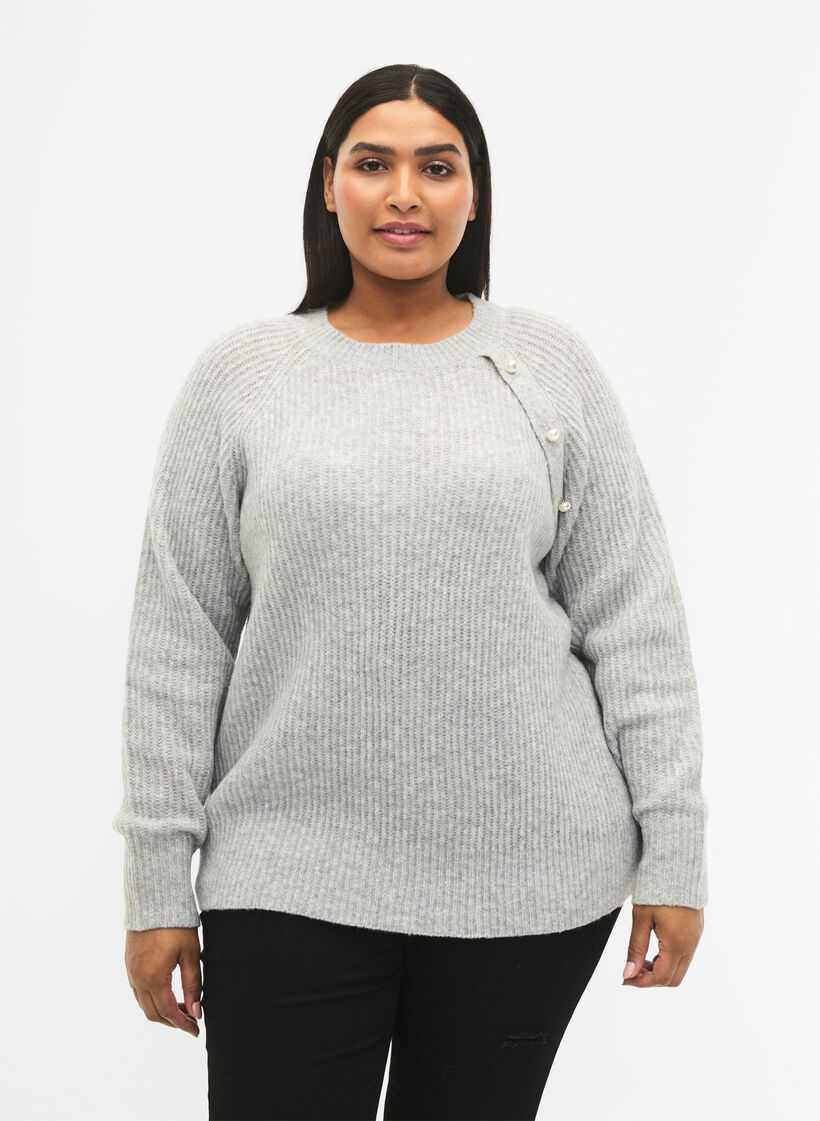 Meleret strikbluse med perleknapper, Light Grey Melange, Model image number 0
