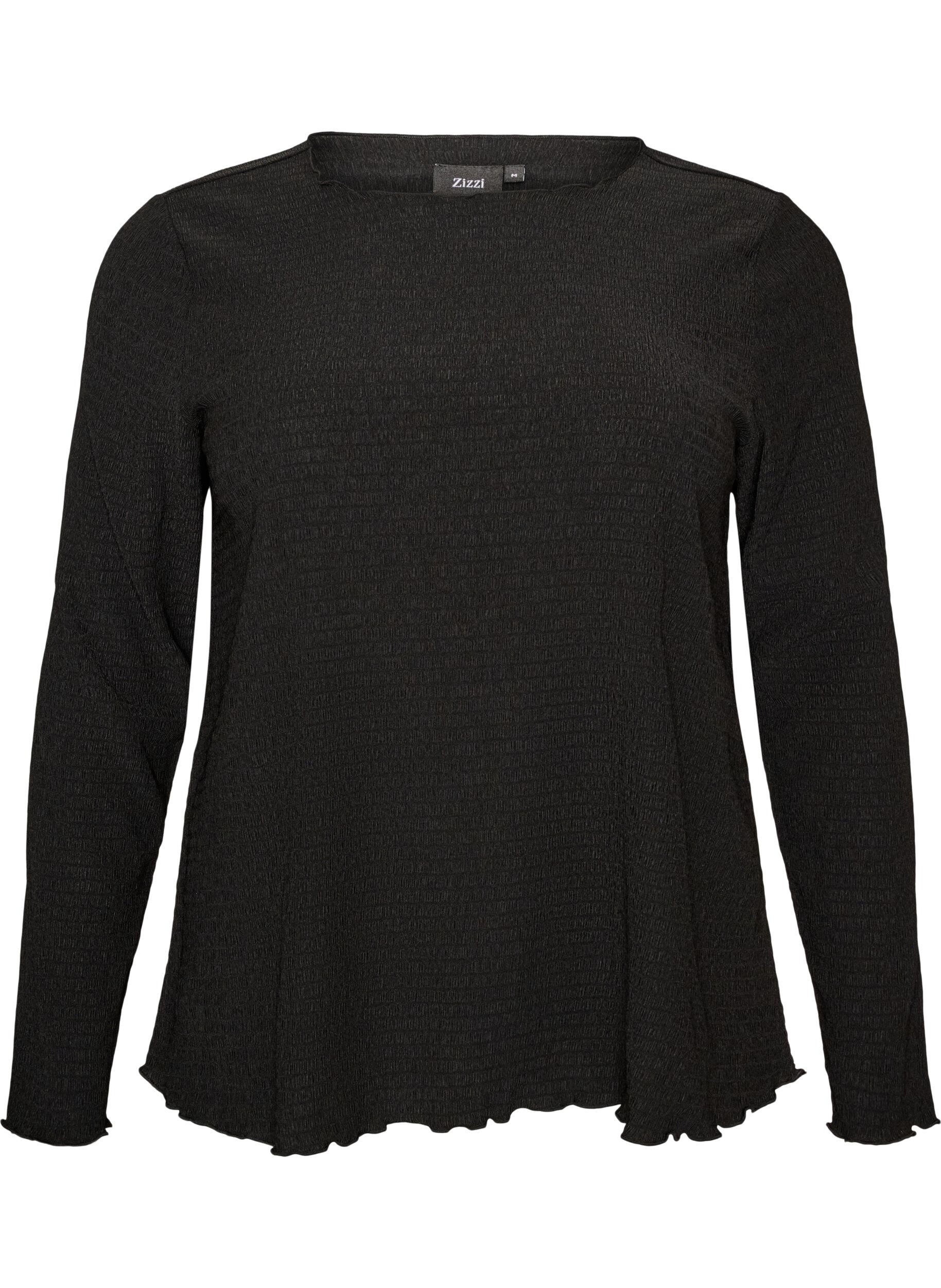 ZizziBluse med struktur og b&oslash;lgede kanter, Sort, Packshot image number 0