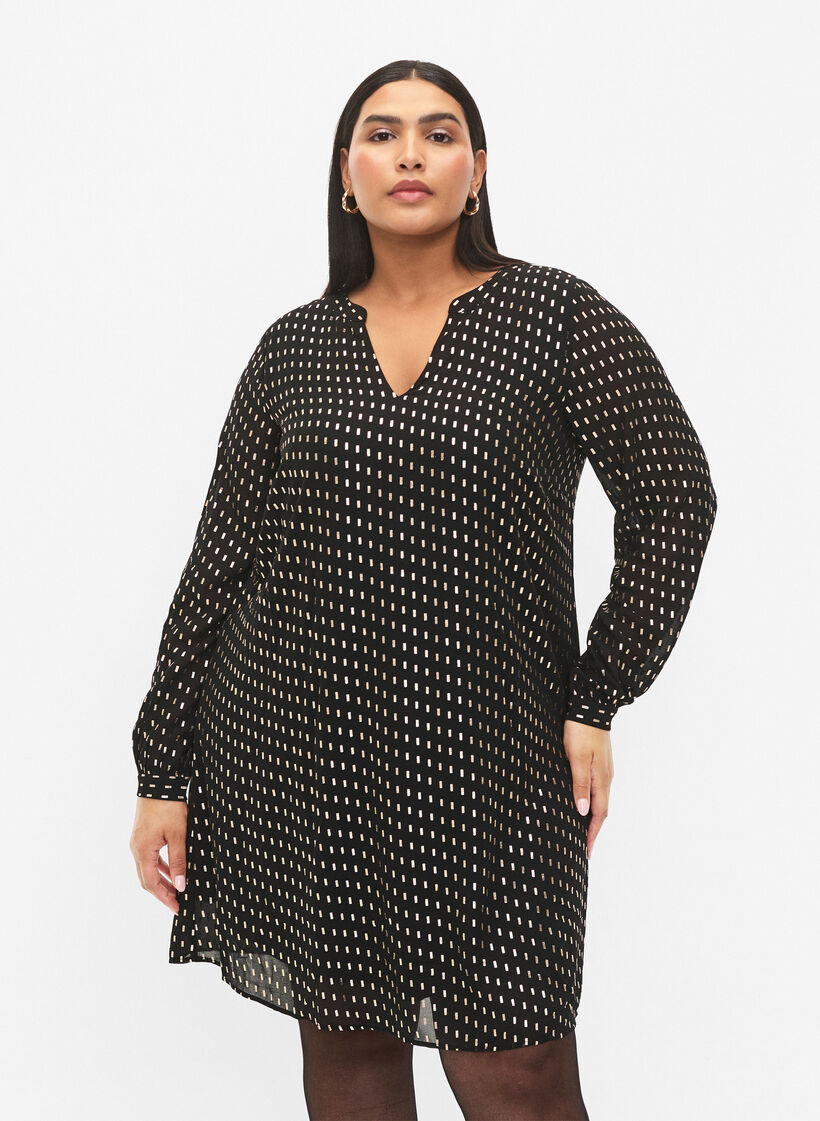 Langærmet kjole med folie print, Black w. Gold, Model image number 0