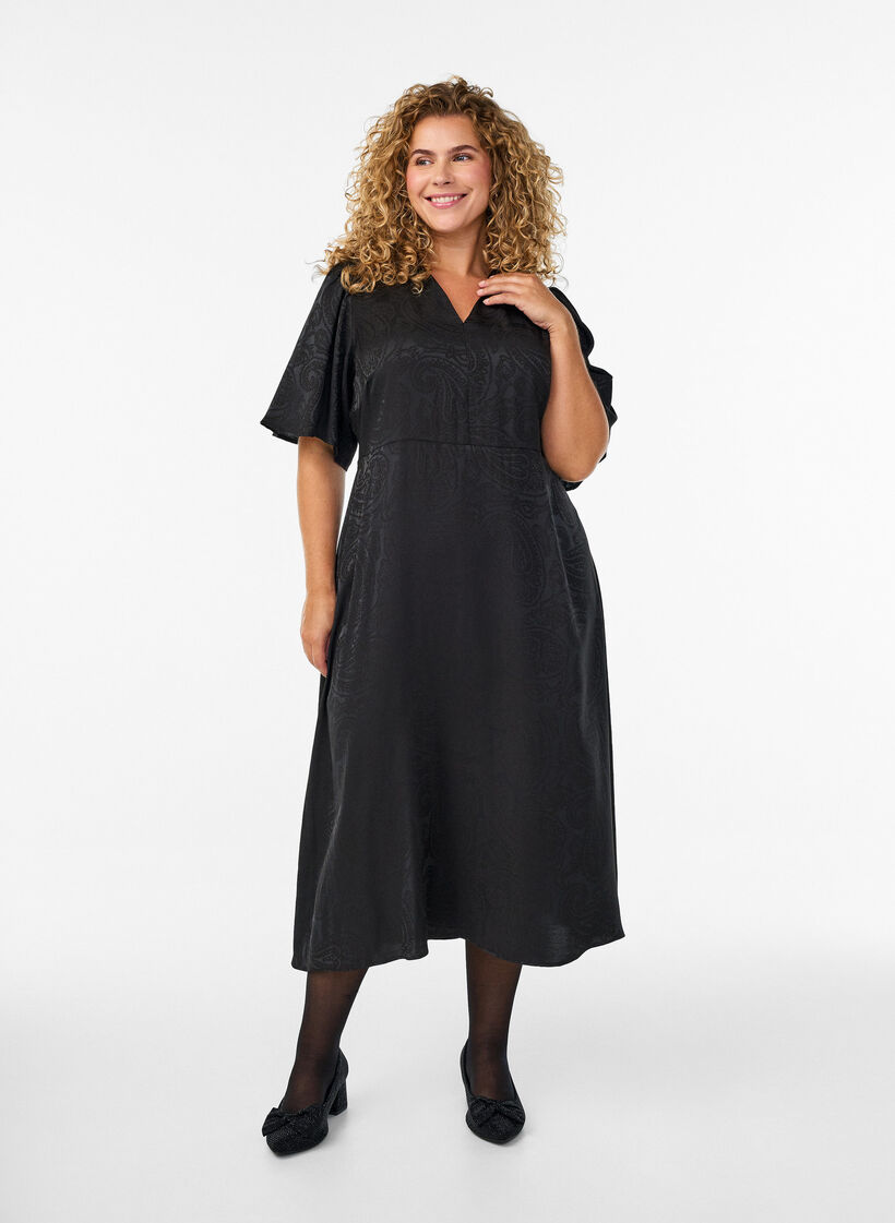 Midilang jacquardkjole med paisleymønster og vingeærmer, Sort, Model image number 0