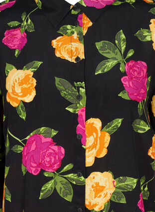 Blomstret viskose skjorte med smock, Black Flower AOP, Packshot image number 2