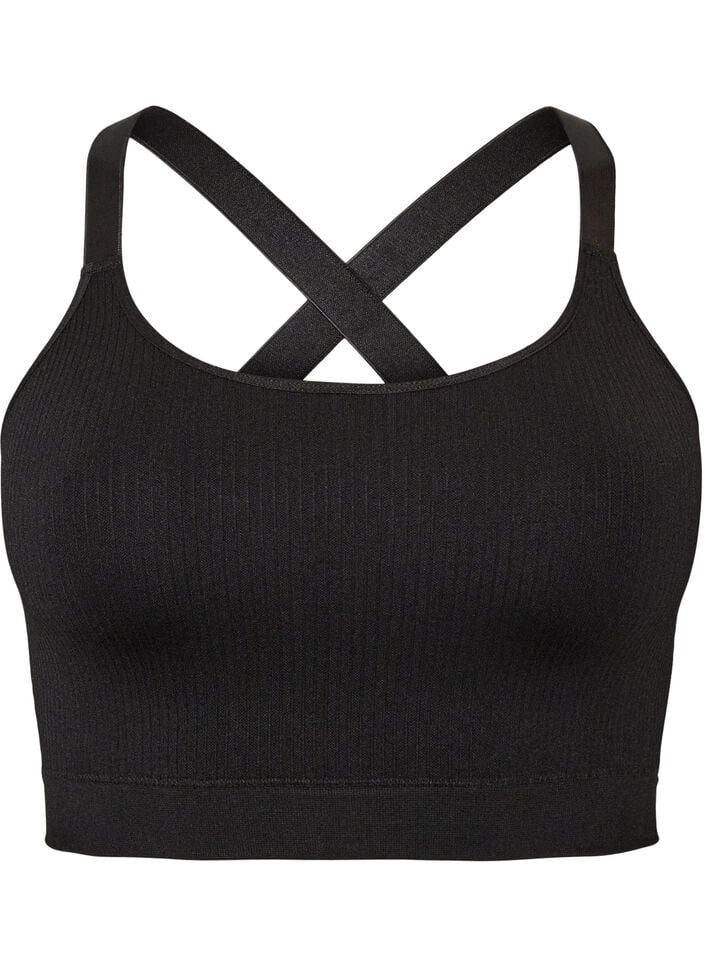 Seamless sports-bh med ribstruktur, Sort, Packshot image number 0