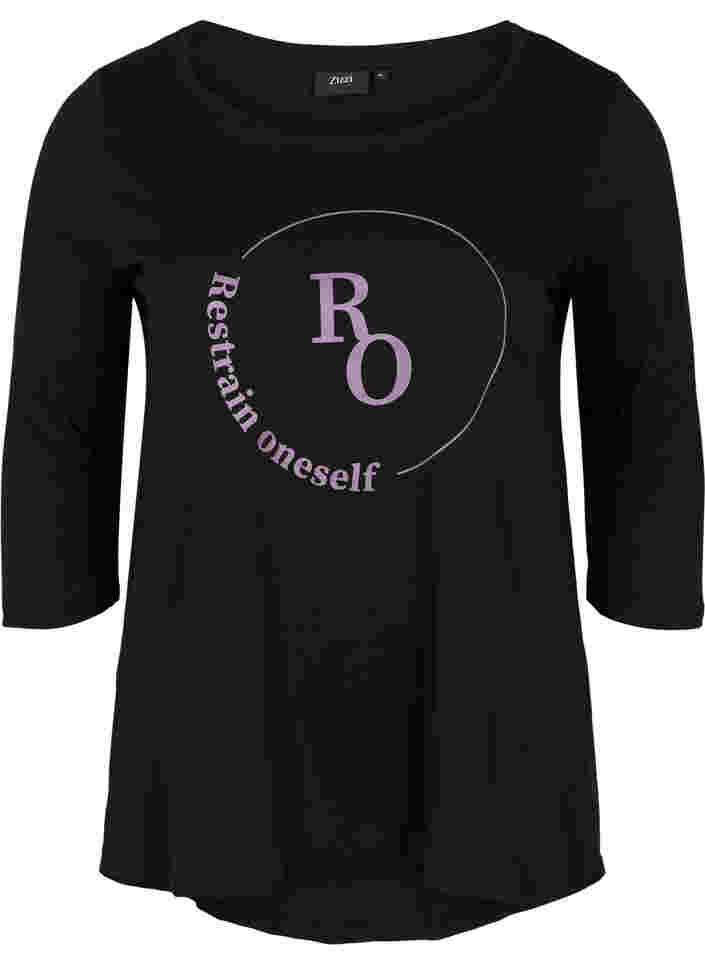 Bomulds t-shirt med 3/4 ærmer, Black RO, Packshot image number 0