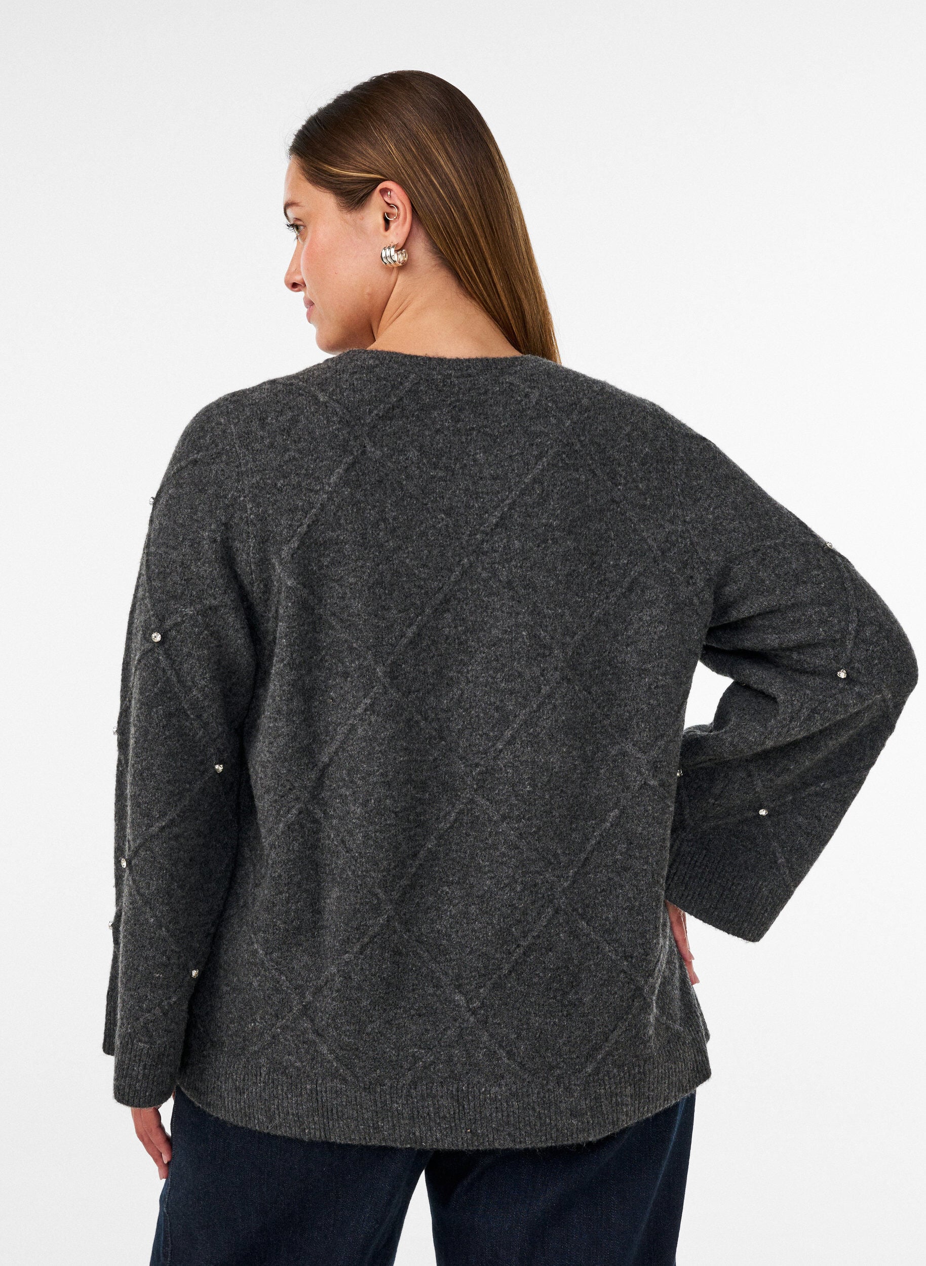 ZizziStrikbluse med rhinsten og rudem&oslash;nster, Gr&aring;, Model image number 2