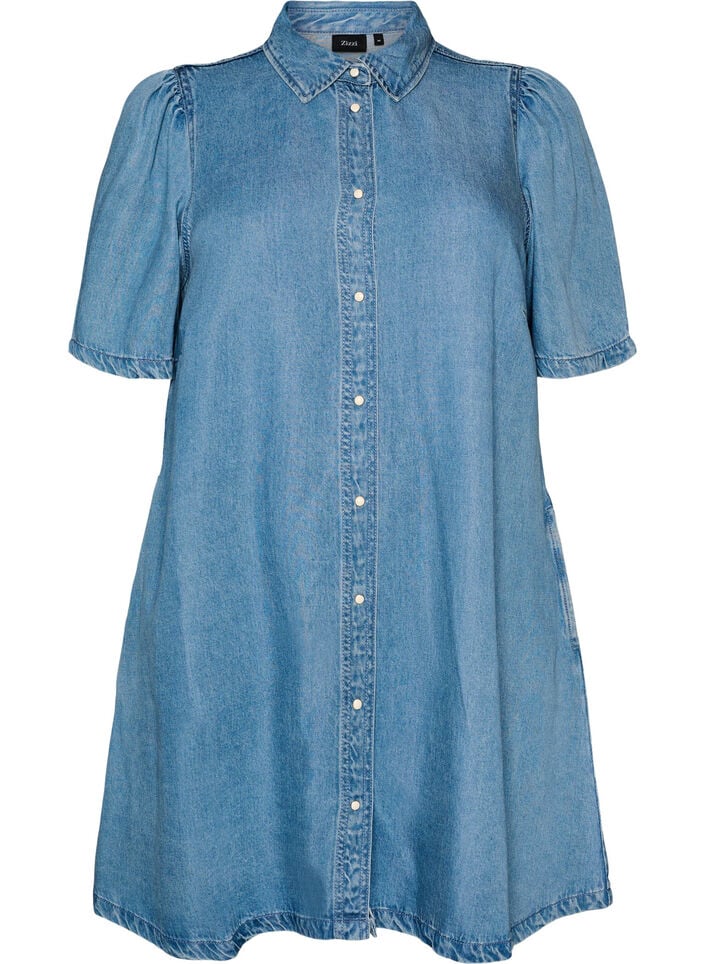 Denimkjole i lyocell med knapper og korte &aelig;rmer, Bl&aring;, Packshot image number 0