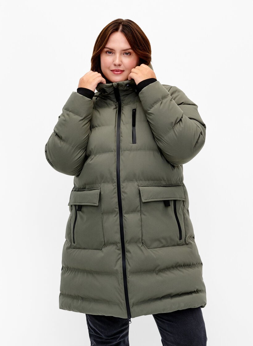 Pufferfrakke med h&aelig;tte og lommer, Gr&oslash;n, Model image number 0