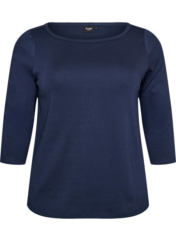 Basis T-shirt med b&aring;dudsk&aelig;ring og 3/4-&aelig;rmer, Bl&aring;, Packshot image number 0