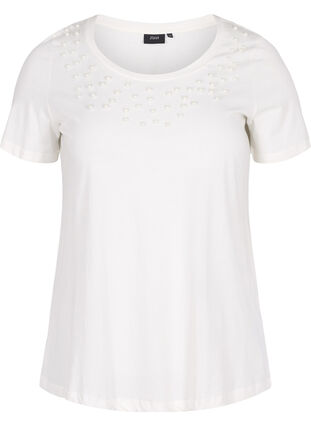 Bomulds t-shirt med perler, Warm Off-white, Packshot image number 0