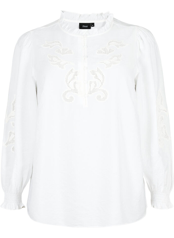 Bluse med flæser og broderi anglaise, Bright White, Packshot image number 0