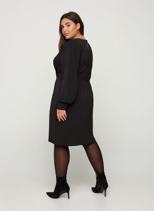 Langærmet kjole med v-udskæring, Black, Model image number 1
