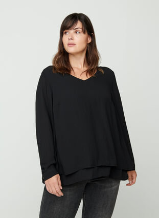 Langærmet bluse med v-udskæring, Black, Model image number 0