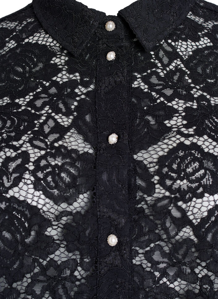 Skjortebluse i blonde med perleknapper, Sort, Packshot image number 2