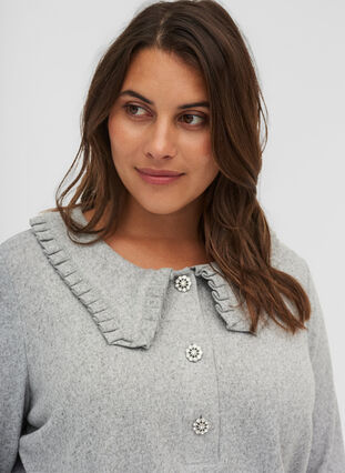 Bluse med flæsekrave og dekorative knapper, Light Grey Melange, Model image number 2