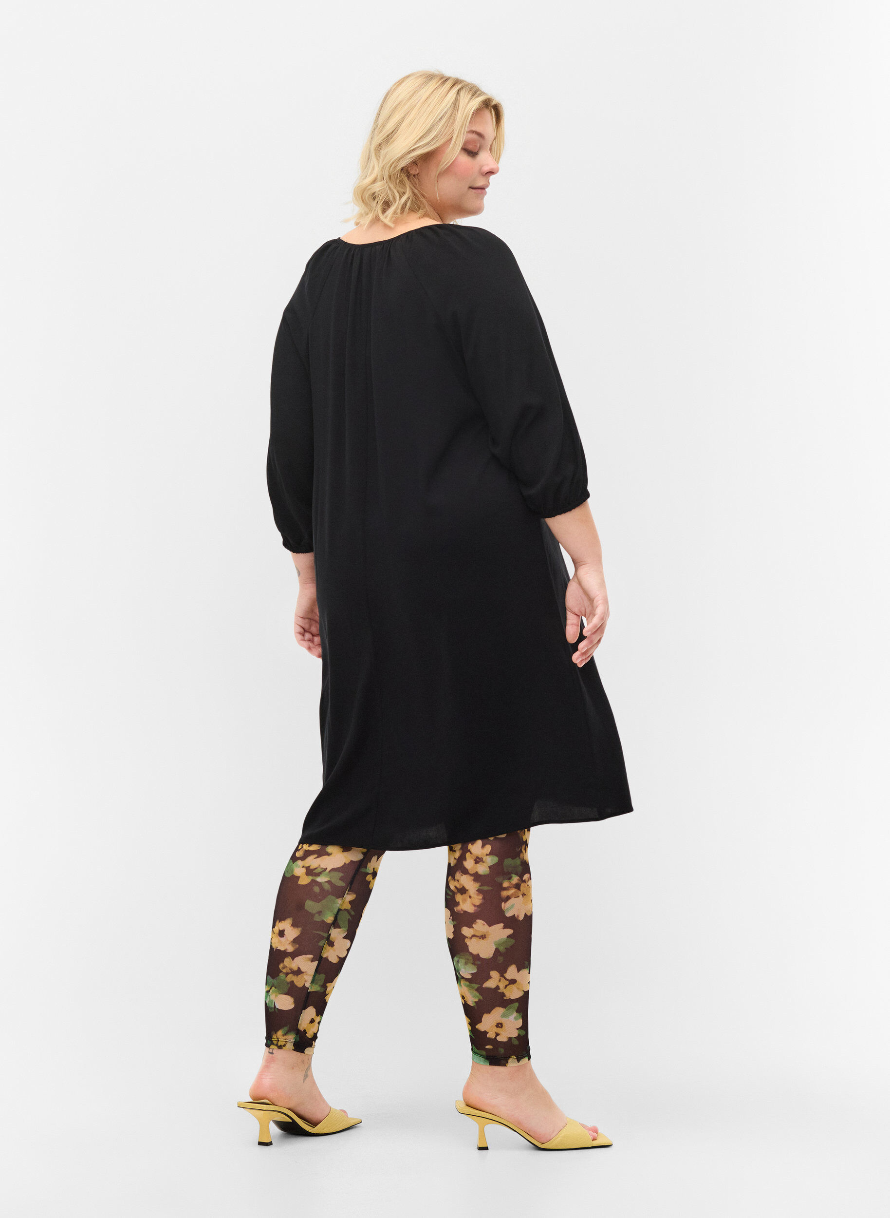 Zizzi Mesh leggings med blomsterprint, Yellow Green AOP, Model image number 1