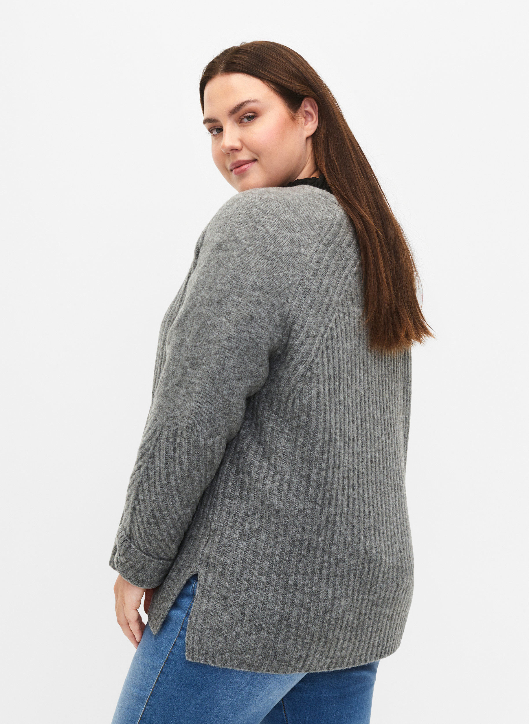 Zizzi Strikbluse med slids, Light Grey Melange, Model image number 1
