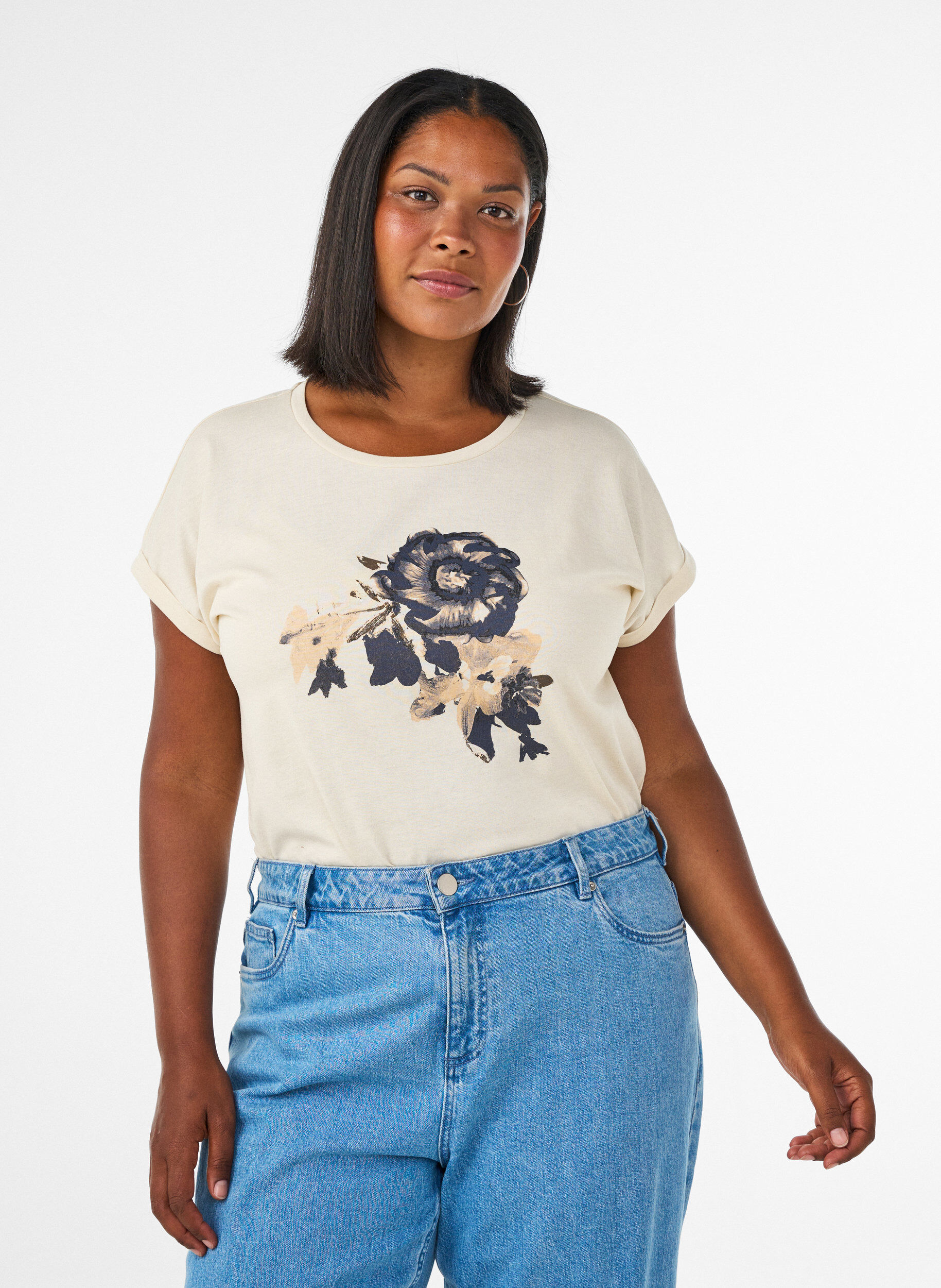 ZizziT-shirt med dekorativt frontprint, Vanilla, Model image number 0