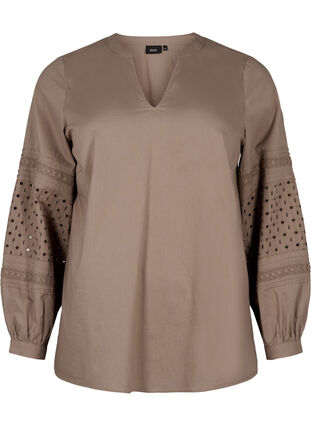 Bluse med lange ærmer og dekorative detaljer, Caribou, Packshot image number 0