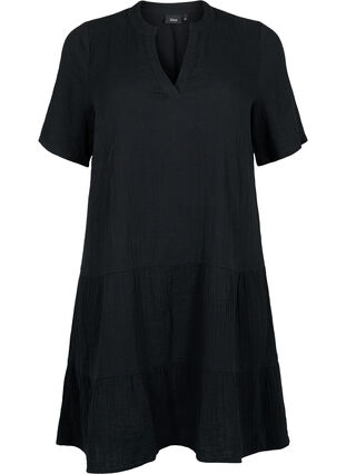 Kortærmet kjole i 100% bomuld, Black, Packshot image number 0