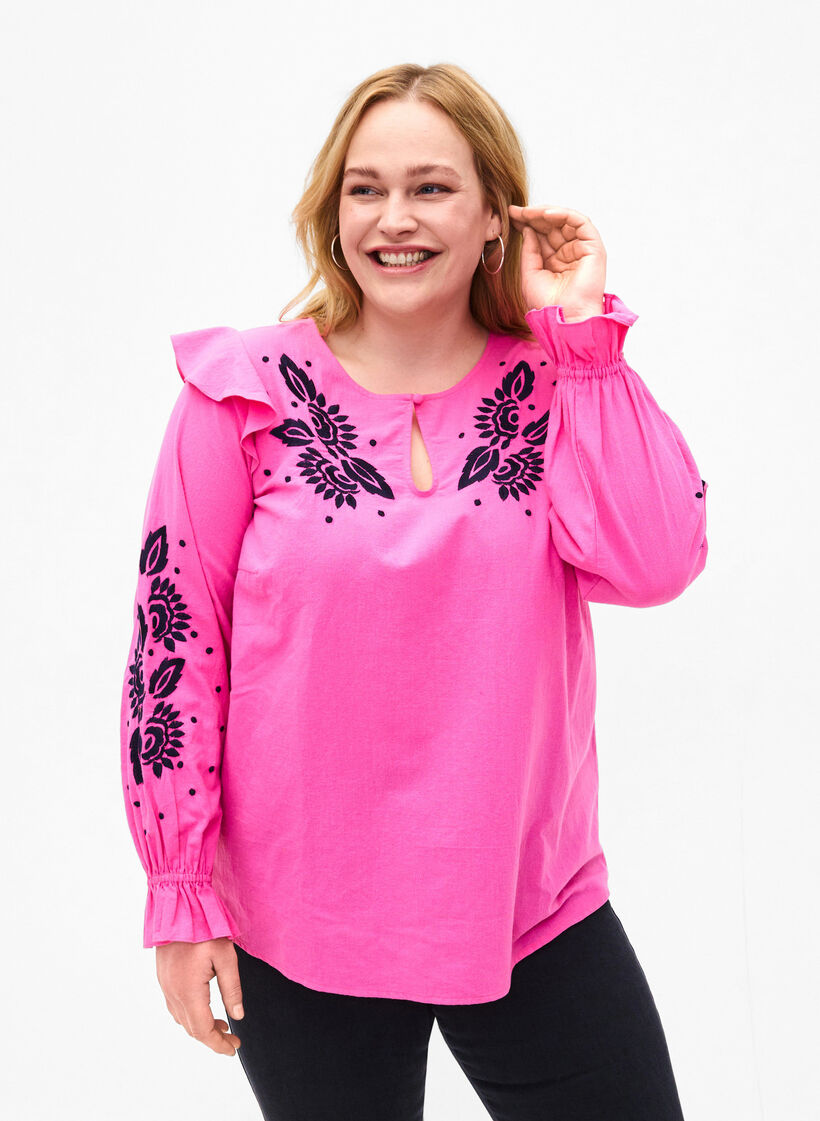 Bluse i bomuld med broderi og flæser, Lyserød, Model image number 0
