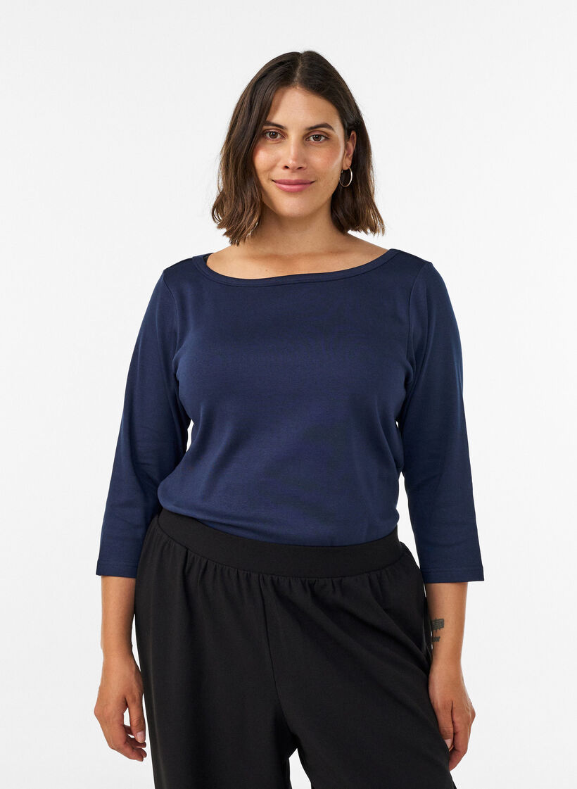 Basis T-shirt med b&aring;dudsk&aelig;ring og 3/4-&aelig;rmer, Bl&aring;, Model image number 0