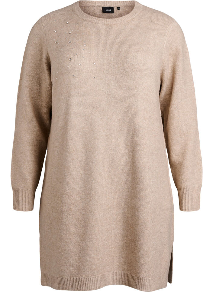 Kort strikkjole med rhinsten, Beige, Packshot image number 0