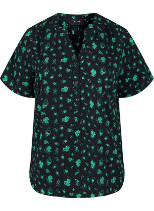 Printet bluse med korte ærmer, Green Flower AOP, Packshot image number 0