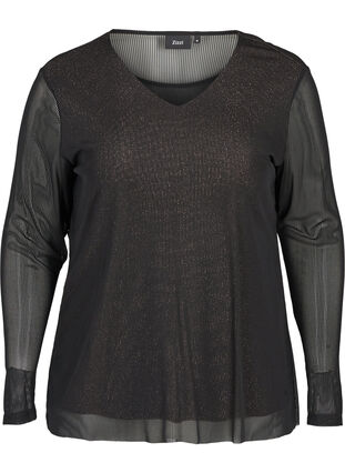 Langærmet bluse med lurex og v-hals, Black, Packshot image number 0