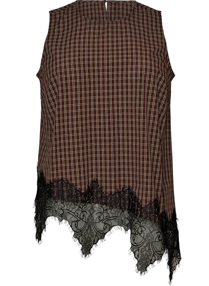 Ternet top med asymmetrisk blondekant, Brun, Packshot