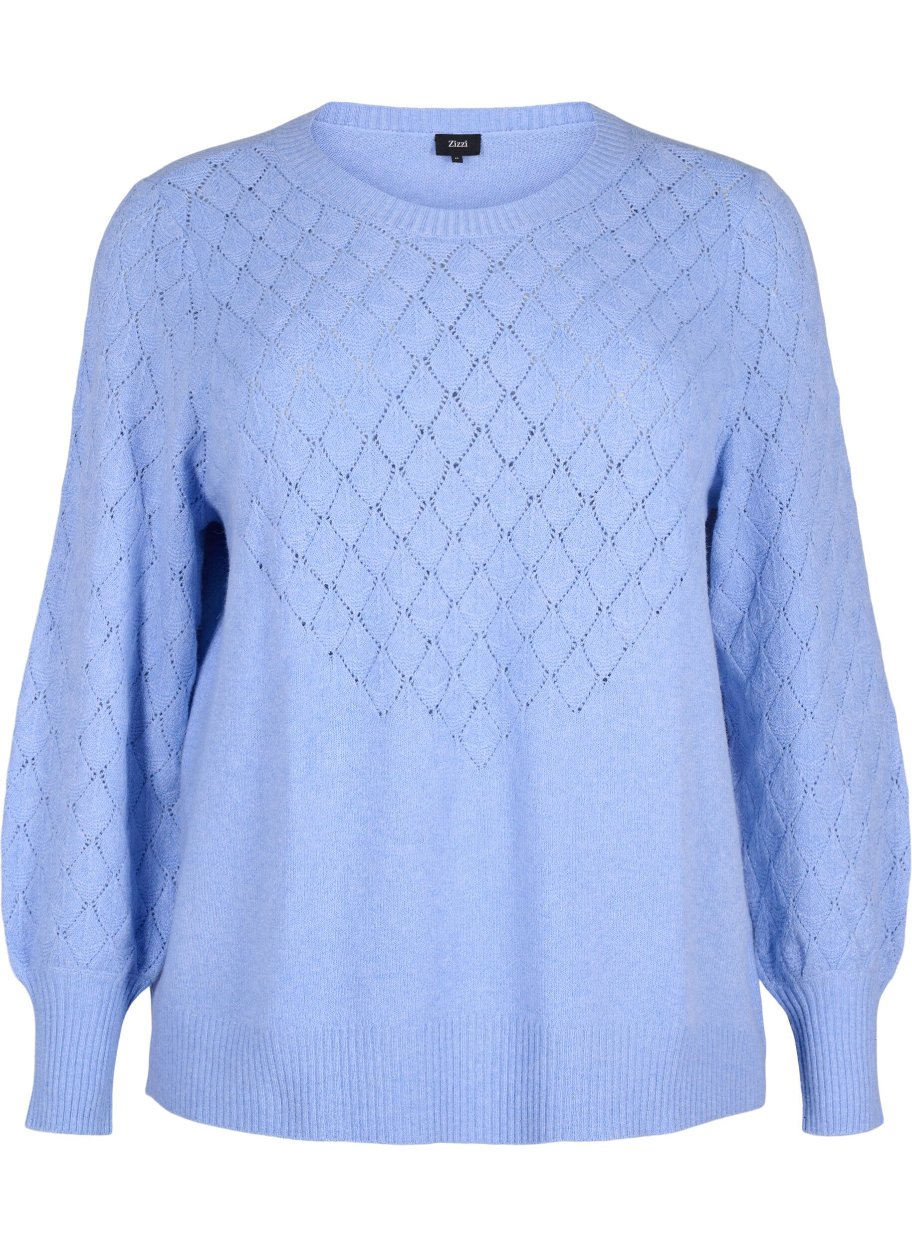 Zizzi Strikbluse med hulm&oslash;nster, Cornflower Blue Mel., Packshot image number 0