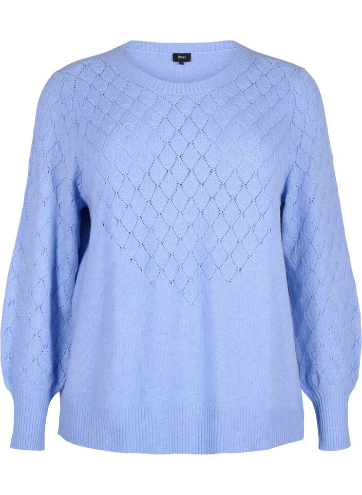 Strikbluse med hulmønster, Cornflower Blue Mel., Packshot image number 0