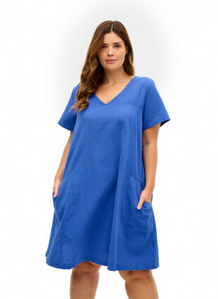 Kortærmet kjole i bomuld, Dazzling Blue, Model image number 0