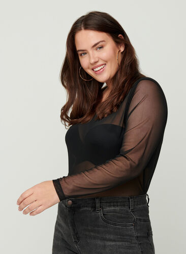 Tætsiddende bluse i mesh, Black, Model image number 0