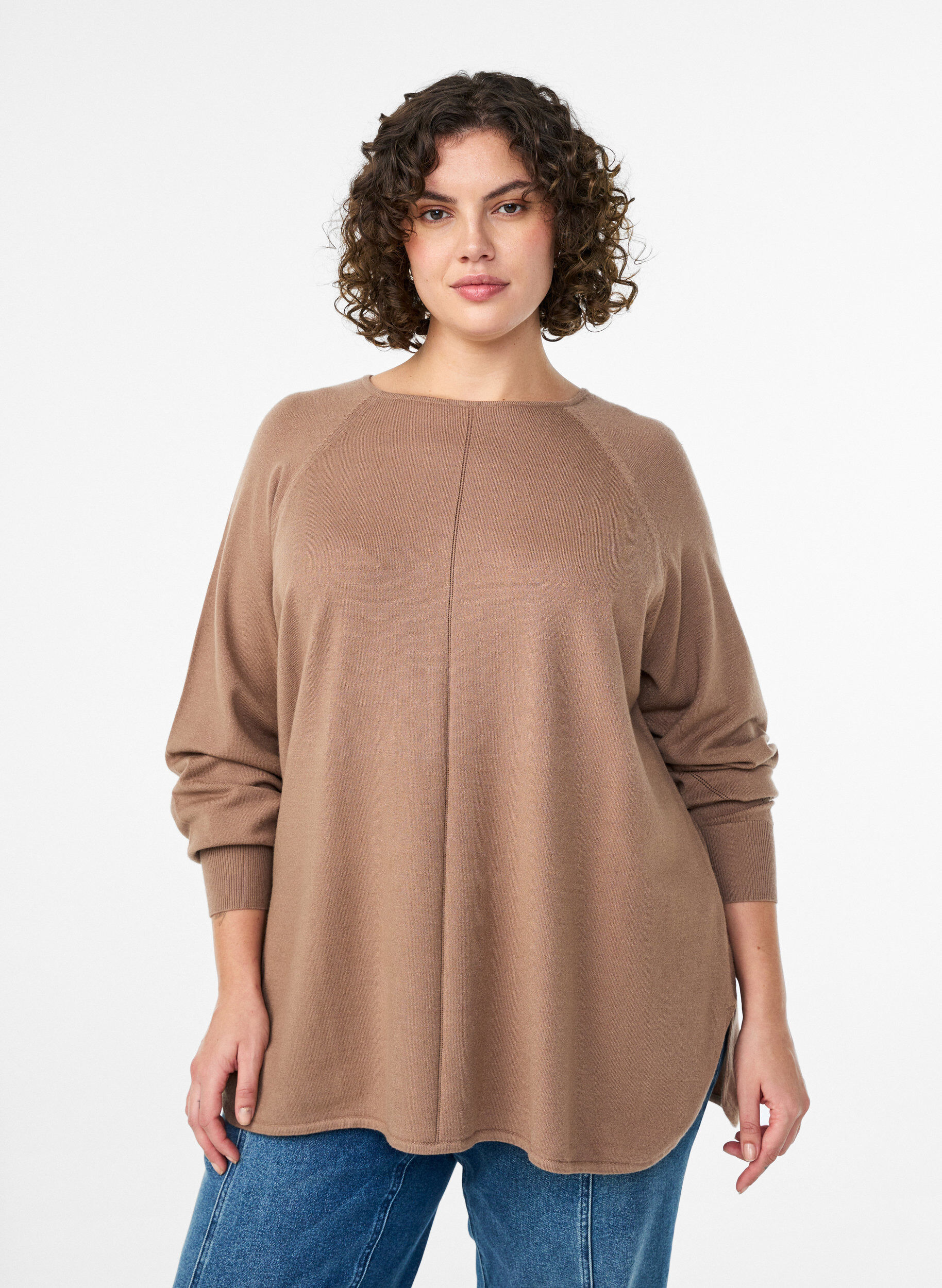 ZizziStrikbluse med rund hals og strikket m&oslash;nster, Brun, Model image number 0