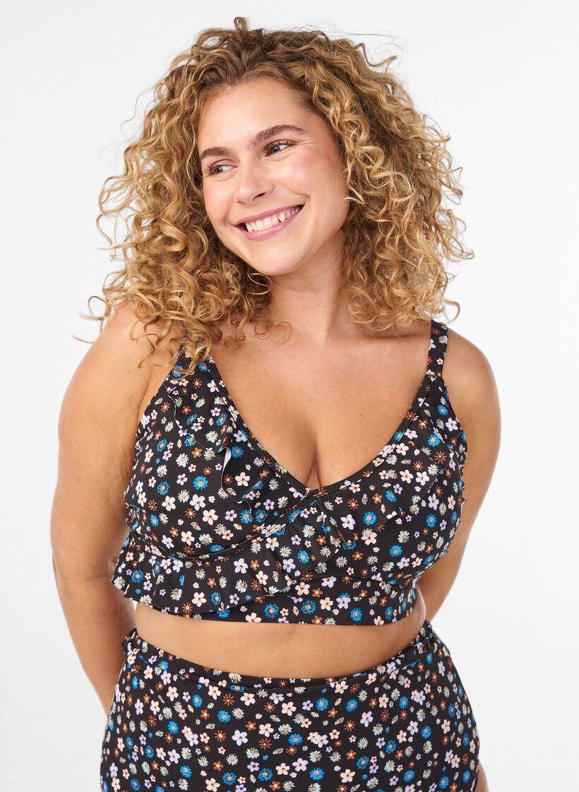 Blomstret bikini bh med fl&aelig;sedetaljer, Brun, Model image number 0