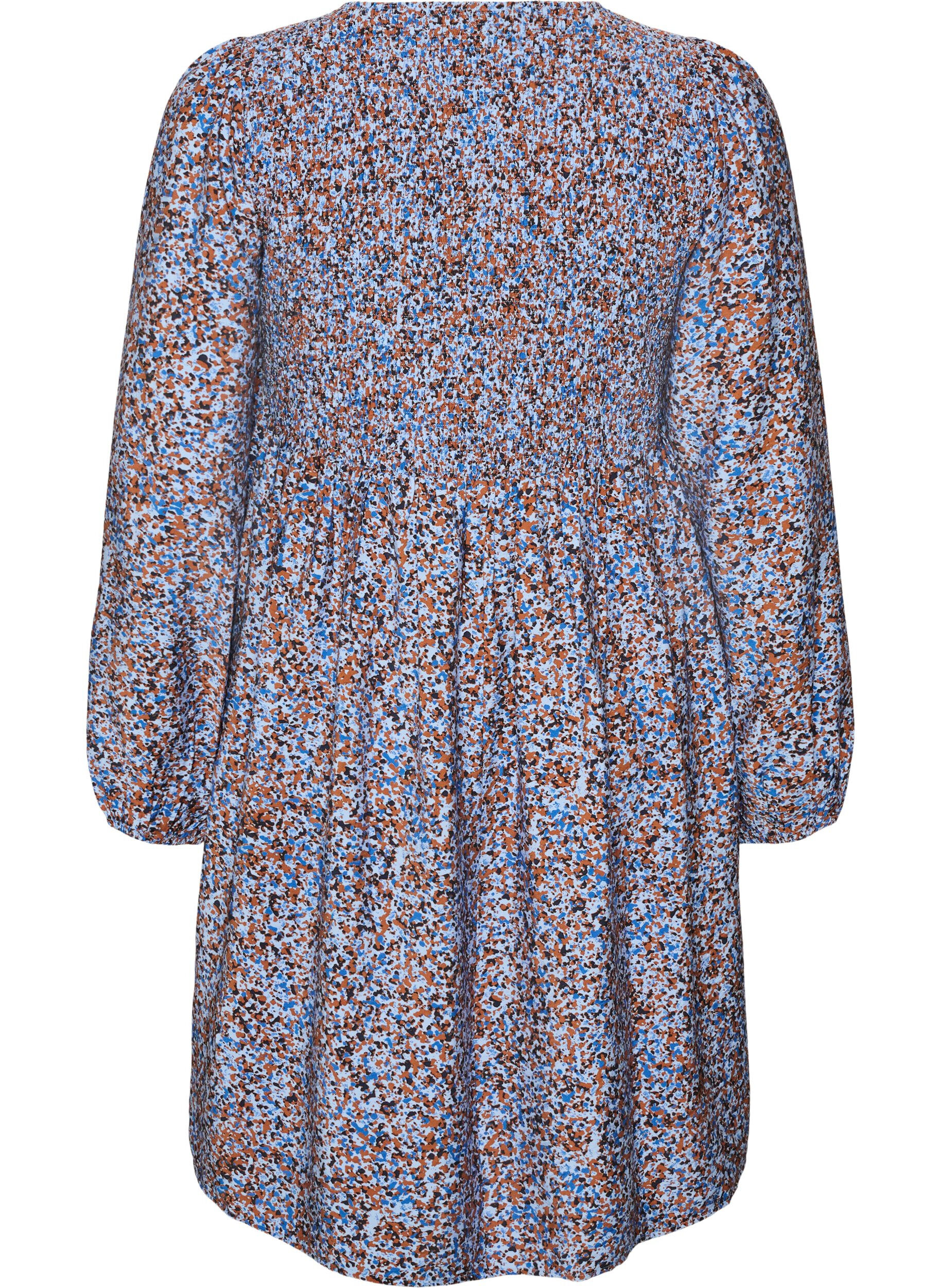 ZizziViskosekjole med smock og all-over m&oslash;nster, Bl&aring;, Packshot image number 1
