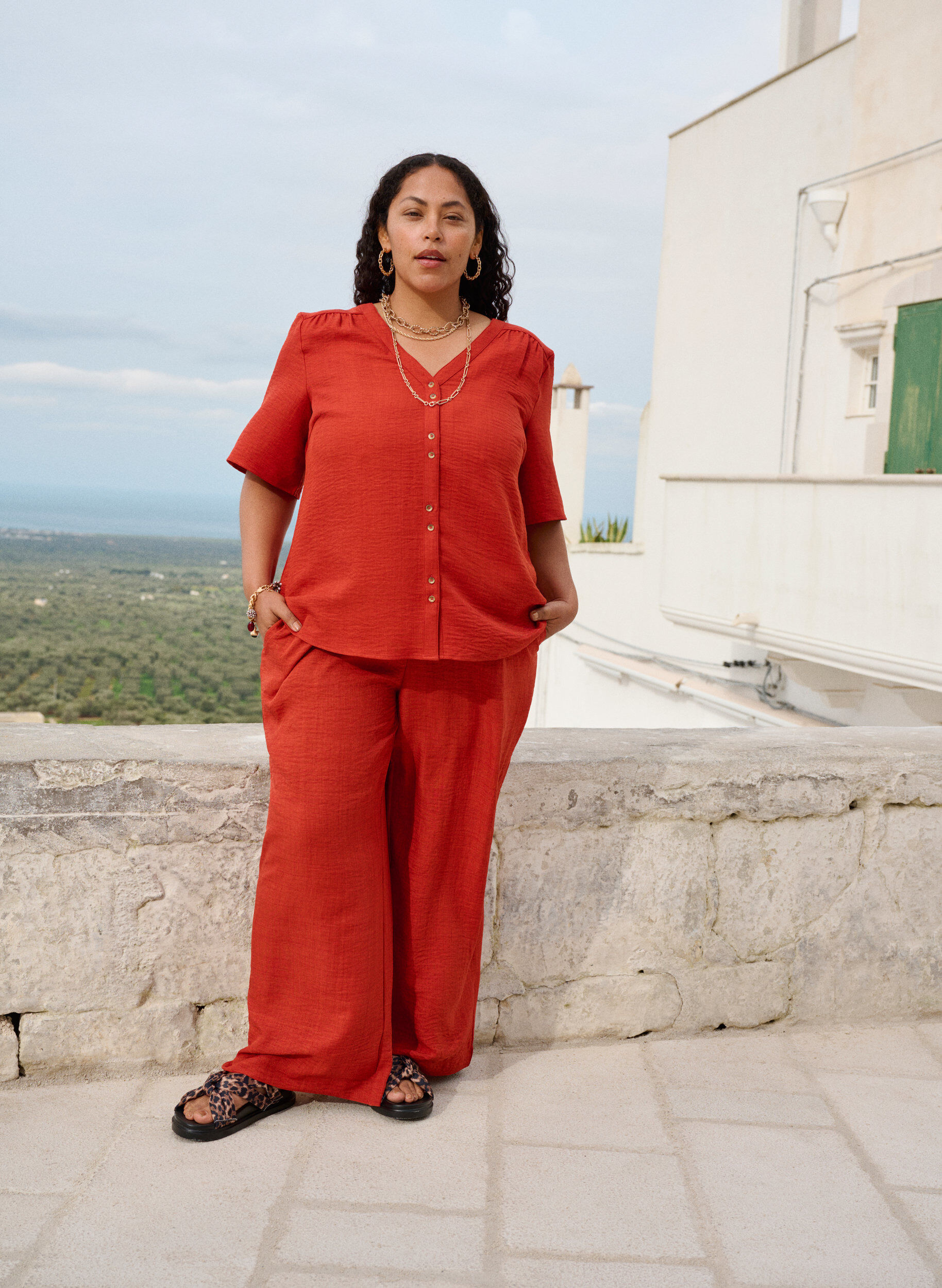 Zizzi L&oslash;se bukser med elastikkant og lommer, R&oslash;d, Image image number 0