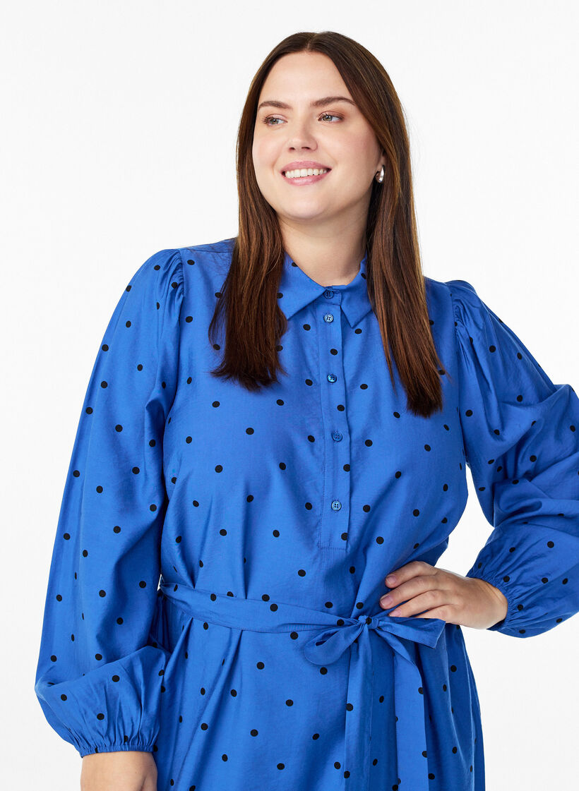 Prikket midikjole med aftageligt bindebånd, Blå, Model image number 2