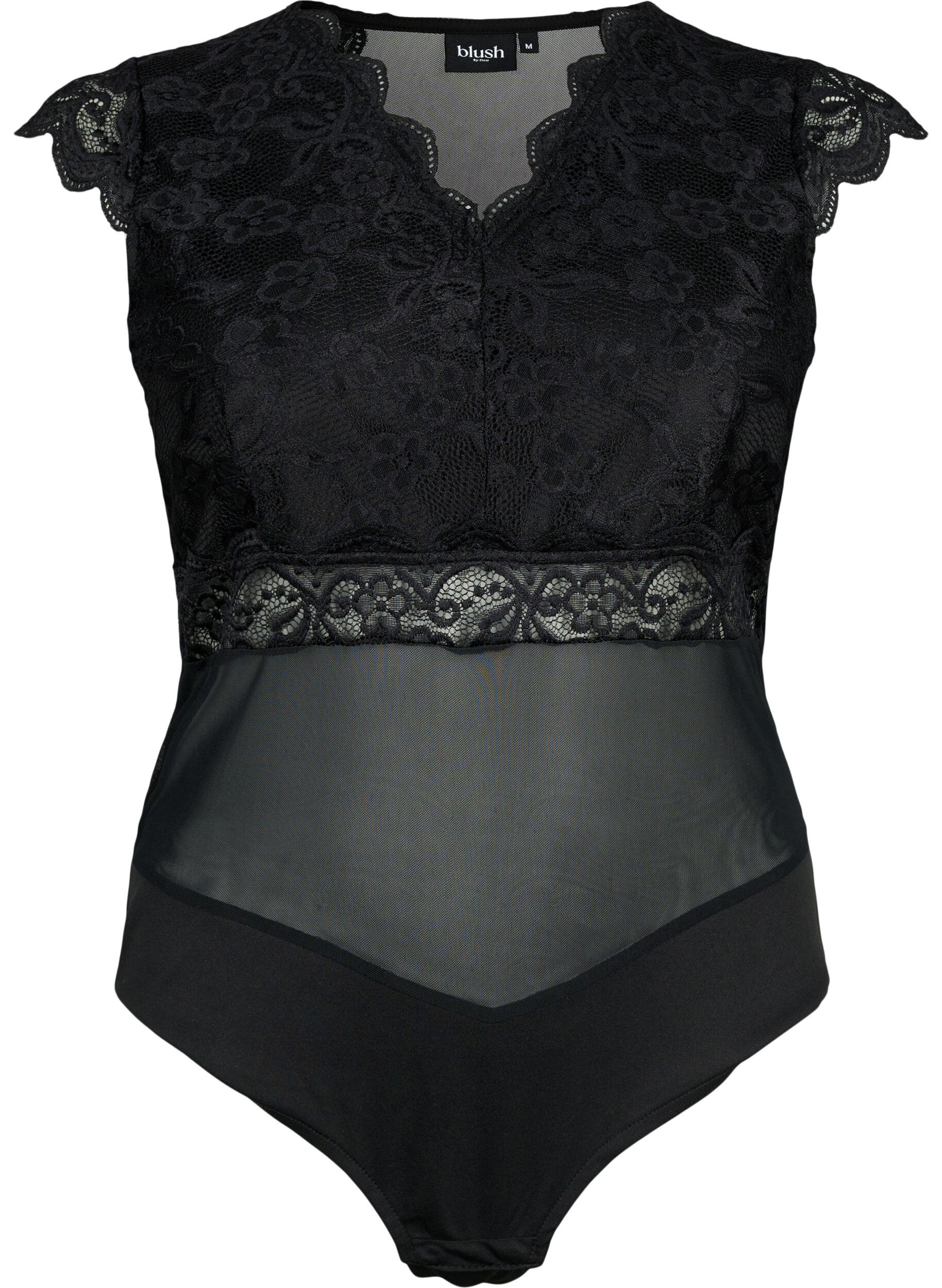 Zizzi Bodystocking med blonder og v-udsk&aelig;ring, Black, Packshot image number 0