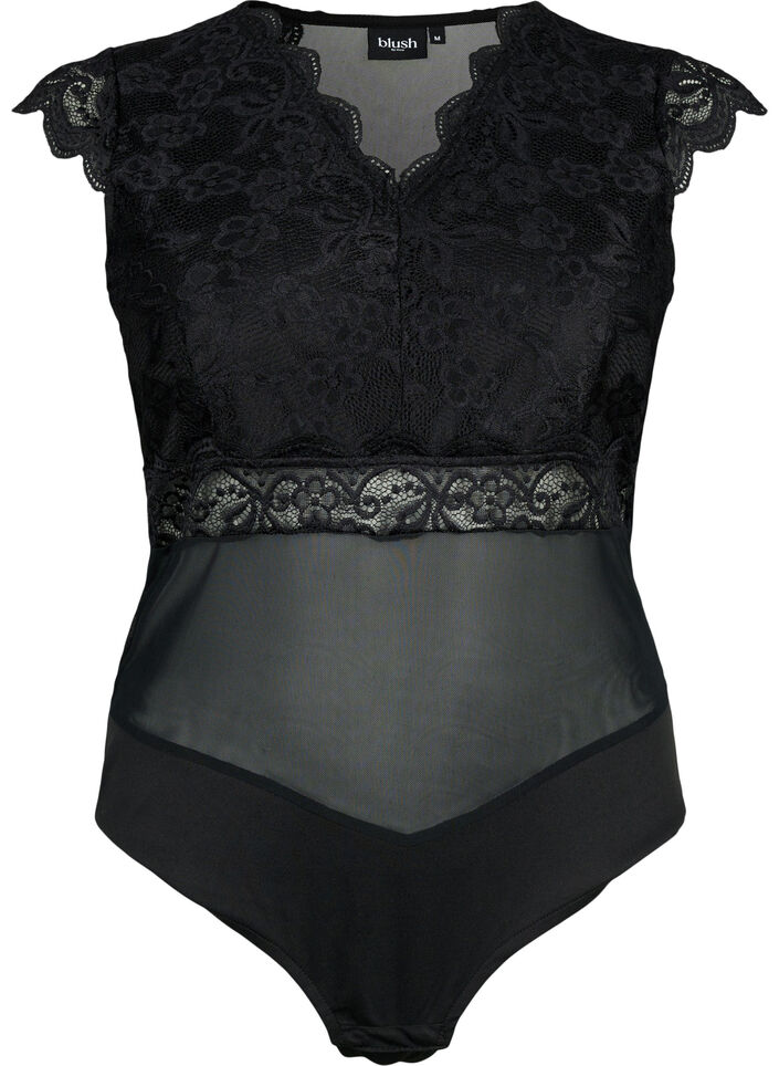 Bodystocking med blonder og v-udskæring, Black, Packshot image number 0