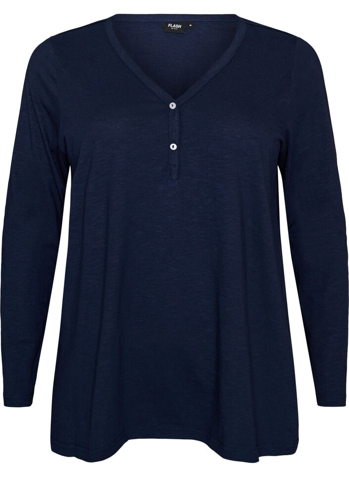 Lang&aelig;rmet t-shirt med V-hals og knapper, Bl&aring;, Packshot image number 0