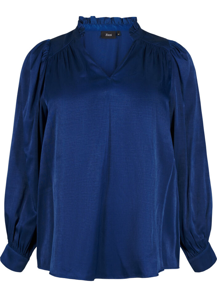 Langærmet bluse med flæser og v-hals, Estate Blue, Packshot image number 0